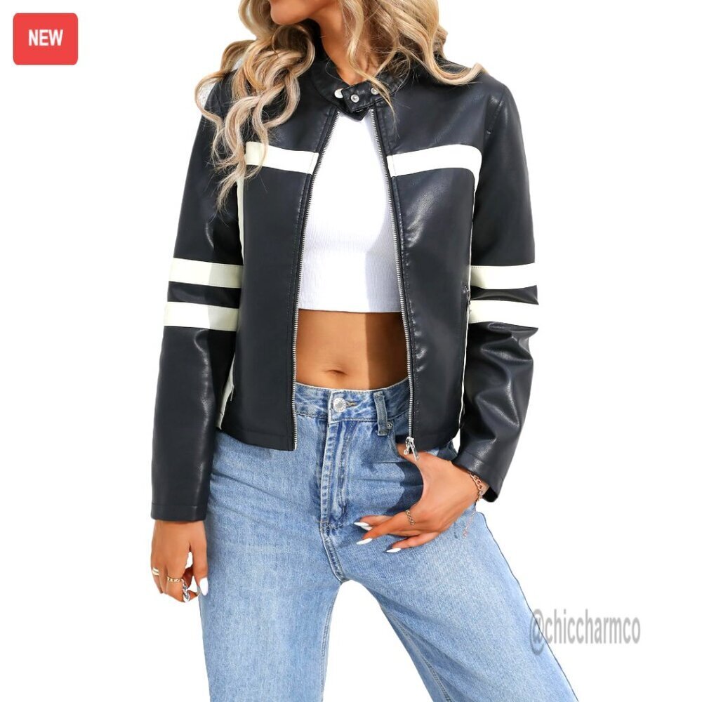 Faux Leather Moto Jacket, Stretchy Lightweight, Stand Collar, Side Pockets